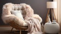 White fur armchair near wall with fur decor and fluffy. Generative AI. Royalty Free Stock Photo