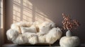 White fur armchair near wall with fur decor and fluffy. Generative AI. Royalty Free Stock Photo