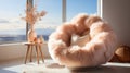 White fur armchair near wall with fur decor and fluffy. Generative AI. Royalty Free Stock Photo