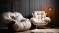 White fur armchair near wall with fur decor and fluffy. Generative AI. Royalty Free Stock Photo