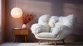 White fur armchair near wall with fur decor and fluffy. Generative AI. Royalty Free Stock Photo