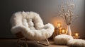 White fur armchair near wall with fur decor and fluffy. Generative AI. Royalty Free Stock Photo