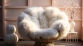 White fur armchair near wall with fur decor and fluffy. Generative AI. Royalty Free Stock Photo