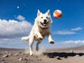 white fur dog running and playing on the ground of an imaginary planet