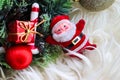 Sparkly and shiny christmas tree ornament and santa claus. Golden christmas bells and christmas tree on the background.