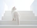 white furry cat stands on the steps of the white staircase