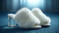 White furry slippers on blue carpet in soft lighting. Royalty Free Stock Photo