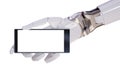 White Futuristic Android Hand Holding Smartphone Closeup Concept 3d Illustration