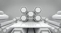 White futuristic hexagon and empty stage background, 3d rendering