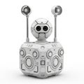 A futuristic white robot with two fan-like appendages and a cube-shaped body with intricate paneling on a white background Royalty Free Stock Photo