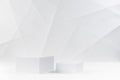 White futuristic stage - two square white podiums mockup in sunlight on table in interior with lines, angles in geometric urban.