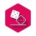 White Game dice icon isolated with long shadow background. Casino gambling. Pink hexagon button. Vector