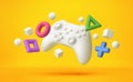 White gamepad, game controller flying over yellow background. Video game concept