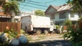 A White Garbage Truck Picking Up Trash In A Residential Area. Generative AI