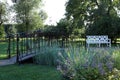 white garden bench for relaxing in the park and a cast-iron bridge over a dry stream Royalty Free Stock Photo