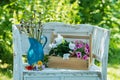 White garden bench in a summer garden Royalty Free Stock Photo