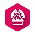 White Gargoyle on pedestal icon isolated with long shadow. Pink hexagon button. Vector