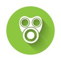 White Gas mask icon isolated with long shadow. Respirator sign. Green circle button. Vector