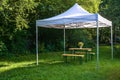 White gazebo or pavilion with a wooden table, benches and a flower bouquet on the meadow in a natural garden, idyllic summer place