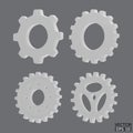 4 white Gear icon set. Blue Transmission cogwheels and gears are isolated on gray background. White Machine gear, setting symbol,