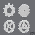 4 white Gear icon set. Blue Transmission cogwheels and gears are isolated on gray background. White Machine gear, setting symbol,