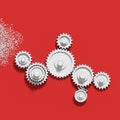 White gears and cogs working together on red background and producing digital content and binary data, 3d render, 3d illustration Royalty Free Stock Photo