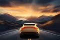 White generic and unbranded car speed driving on asphalt road at sunset in mountain, 3D illustration Royalty Free Stock Photo