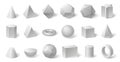 White geometric 3d shapes. Geometry form for education. Hexagonal and triangular prism, cylinder and cone Royalty Free Stock Photo