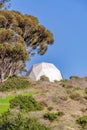 White geometric round structure with blue sky background in San Diego California