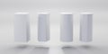 White geometric shapes set, rectangle, trapeze, cylinder and octagon. Empty pedestals or podiums, museum stages, exhibit