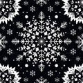 White geometric snowflake pattern with symmetrical decorative elements on a black background forming a winter inspired seamless Royalty Free Stock Photo