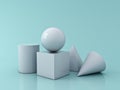 White Geometry 3D Graphic Shapes Cube Pyramid Cone Cylinder Sphere isolated on blue green pastel color background