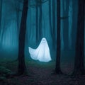 A white ghost with black eyes in a dark scary forest. Halloween holiday. Image taken by AI Royalty Free Stock Photo