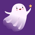 White Ghost Flying with Star, Cute Halloween Spooky Character Vector Illustration Royalty Free Stock Photo