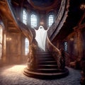 White Ghost Floating Over Castle Staircase