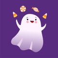 White Ghost Juggling with Sweets, Cute Halloween Spooky Character Vector Illustration