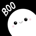 White ghost spirit in the corner. Boo text. Happy Halloween. Cute cartoon scary spooky character. Smiling face, hands. Orange Royalty Free Stock Photo