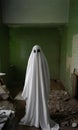 White ghostly figure in abandoned ruined building, haunted house interior, Halloween atmosphere