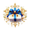 White gift box with blue and gold ribbon and ornate gold filigree on a white background Royalty Free Stock Photo
