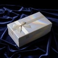 White Gift Box with Bow on Blue Fabric Royalty Free Stock Photo