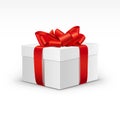 White Gift Box with Bright Red Ribbon Isolated Royalty Free Stock Photo