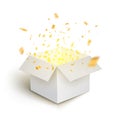 White gift box confetti explosion. Magic open surprise gift box package decoration Royalty Free Stock Photo