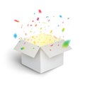 White gift box confetti explosion. Magic open surprise gift box package decoration Royalty Free Stock Photo