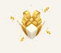 White gift box decorative festive object with golden bows and gold sequins confetti on white background Royalty Free Stock Photo