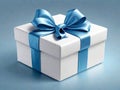 White Gift Box, Featuring a Delicate Satin Blue Bow on Top. Royalty Free Stock Photo