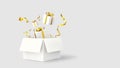 White gift box with golden ribbon opening surprise on white background with copy space and Clipping path. Royalty Free Stock Photo