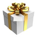 White gift box with golden ribbon and paper card Royalty Free Stock Photo