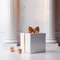 White gift box mockup with bow, christmas background,AI generated Royalty Free Stock Photo