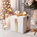 White gift box mockup with bow, christmas background,AI generated Royalty Free Stock Photo
