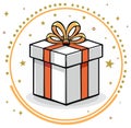 White gift box with orange ribbon and bow surrounded by decorative circle and stars Royalty Free Stock Photo